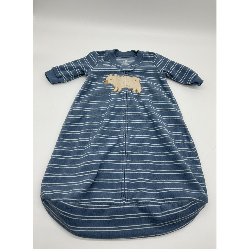Carters Sleep Sack Infant 0-3M Blue Striped Bear Fleece‎ Wearable Blanket